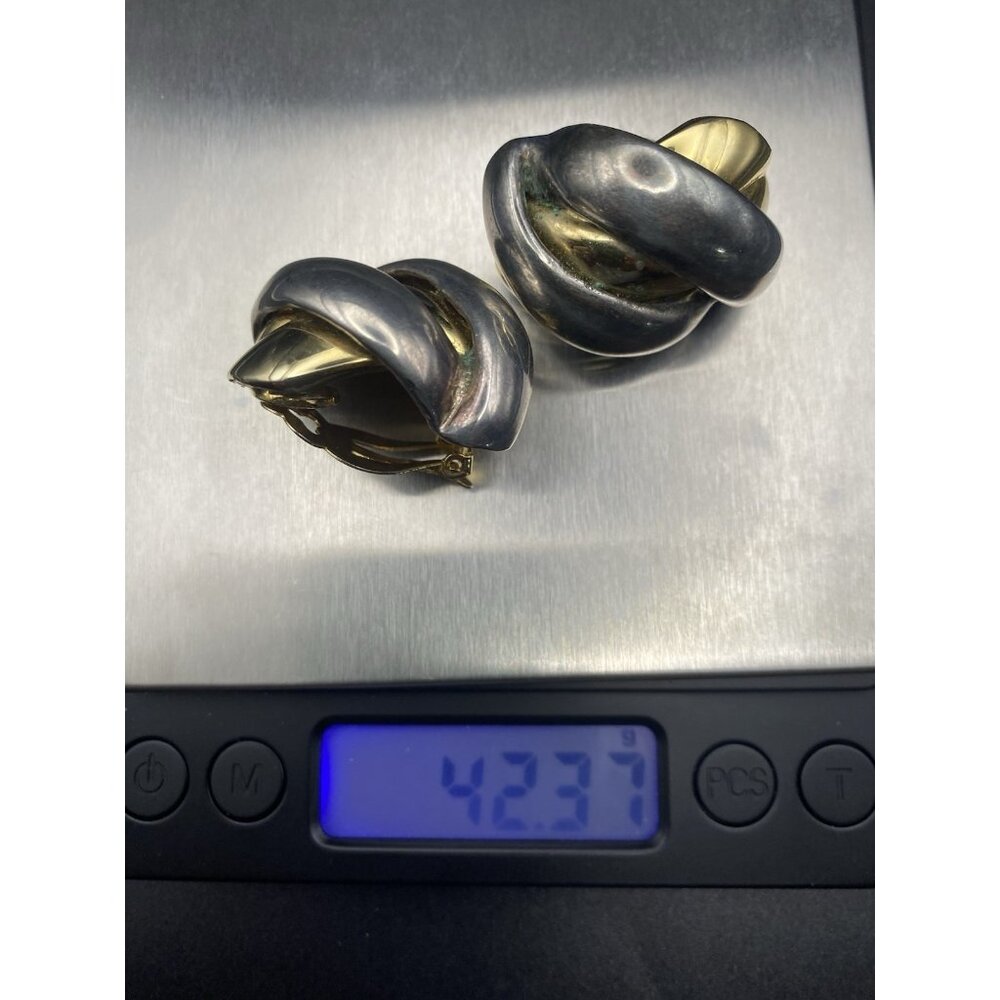 Vintage Heavyweight Clip On Earrings Sculptural Knot Two Tone Gold Silver Bold - Picture 10 of 10